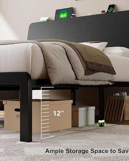 Feonase Full Size Bed Frame with Ergonomic Storage Headboard & Charging Station, LED Platform Bed Frame, Heavy Duty Metal Slats, No Box Spring Needed, Easy Assembly, Black - LeafyLoom