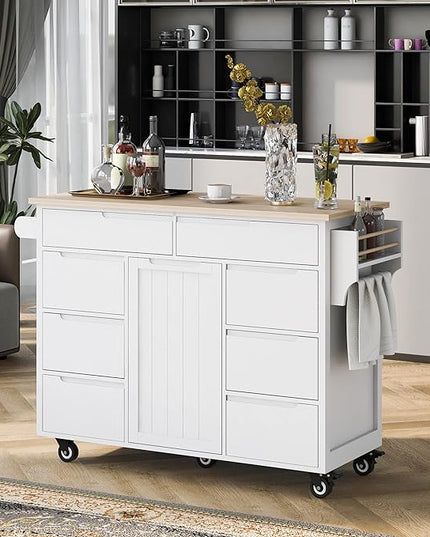 Mobile Cart with Rubber Wood Countertop, Kitchen Island on Lockable Wheels w/Drawer and Storage Cabinet for Dining Room, Bar, White, 53.15 Inch - LeafyLoom