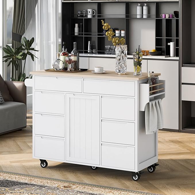 Mobile Cart with Rubber Wood Countertop, Kitchen Island on Lockable Wheels w/Drawer and Storage Cabinet for Dining Room, Bar, White, 53.15 Inch - LeafyLoom