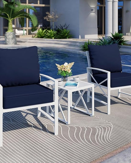 Shintenchi 3 Piece White Metal Outdoor Furniture Sectional Set, Modern Outdoor Metal Chair Conversation Furniture Set with Coffee Table for Patio,Backyard,Balcony (Dark Blue) - LeafyLoom