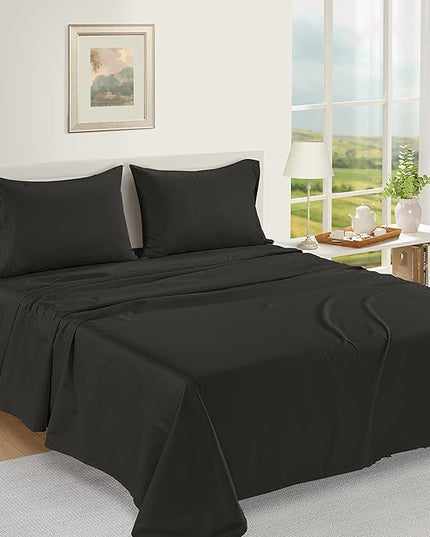 LANE LINEN 100% Egyptian Cotton Bed Sheets - 1000 Thread Count 4-Piece Full Sheets Set, Long Staple Cotton Bedding Sheets, Sateen Weave, Luxury Hotel Sheets, 16" Deep Pocket - Black - LeafyLoom
