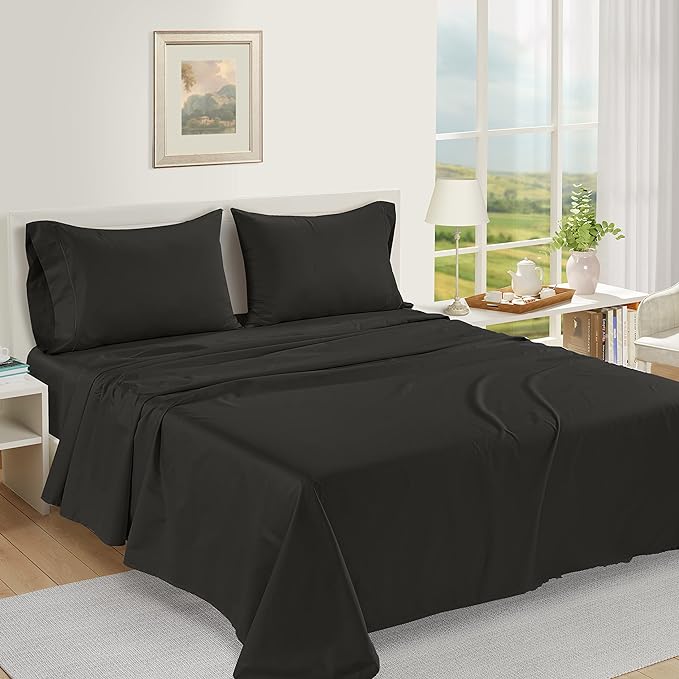 LANE LINEN 100% Egyptian Cotton Bed Sheets - 1000 Thread Count 4-Piece Full Sheets Set, Long Staple Cotton Bedding Sheets, Sateen Weave, Luxury Hotel Sheets, 16" Deep Pocket - Black - LeafyLoom