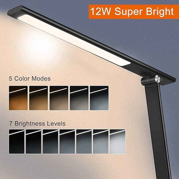 AFROG 5th Gen Multifunctional LED Desk Lamp with USB Charging Port,1800Lux Super Bright,5 Lighting Mode,7 Brightness, Touch Control, Auto Timer, 12W Office Table Lamp - LeafyLoom