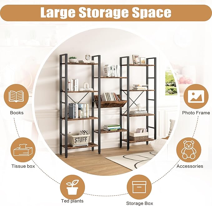 Shintenchi Industrial Bookcase,71.6” Triple 4 Tier Bookshelf with 11 Open Display Shelves,Large Etagere Bookshelf Open Record Player Shelves,Wide Book Shelf Book Case for Home & Office,Rustic Brown - LeafyLoom