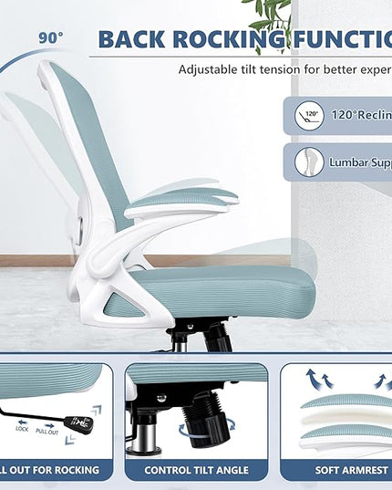 Office Chair Desk Chair, Ergonomic Mesh Computer Chair Home Office Desk Chairs, Swivel Task Chair Mid Back Breathable Rolling Chair with Adjustable Lumbar Support Flip Up Armrest (Light Blue) - LeafyLoom