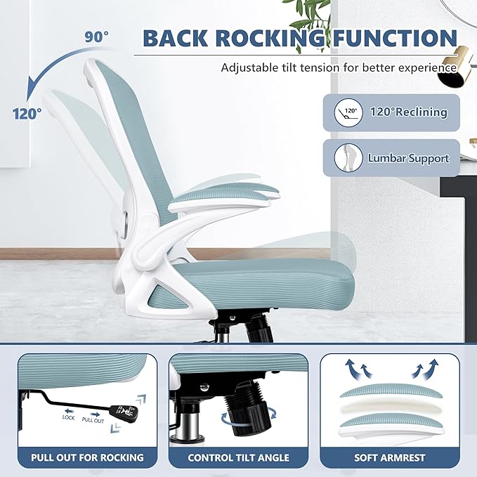 Office Chair Desk Chair, Ergonomic Mesh Computer Chair Home Office Desk Chairs, Swivel Task Chair Mid Back Breathable Rolling Chair with Adjustable Lumbar Support Flip Up Armrest (Light Blue) - LeafyLoom