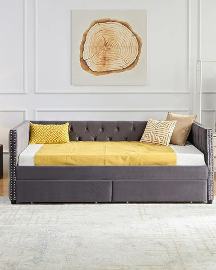 Twin Size Velvet Upholstered Daybed with Two Storage Drawers, Solid Wood Sofa Bed w/Button Tufted Backrest, for Living Room, Bedroom, Dorm, No Box Spring Needed, Grey - LeafyLoom