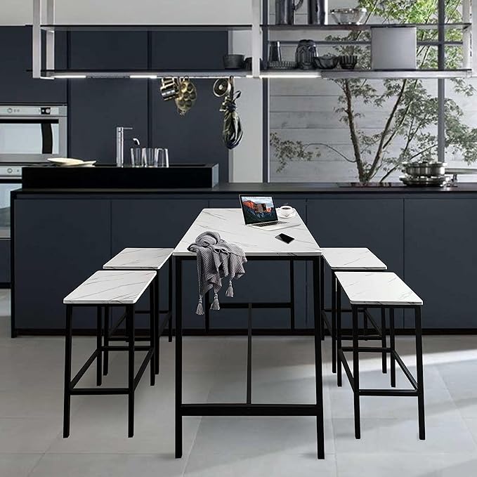 AT-VALY 5-Piece Bar Table Set with 4 Stools,Dining Room Table Set,Small Spaces (Black & White) - LeafyLoom