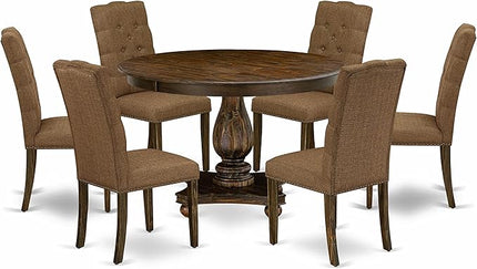 East West Furniture F2EL7-718 Ferris 7 Piece Set Consist of a Round Kitchen Table with Pedestal and 6 Brown Linen Fabric Parson Dining Room Chairs, 48x48 Inch - LeafyLoom