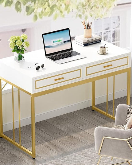 47’’ Computer Desk with 2 Drawers, White Gold Writing Desk Make Up Vanity Table - LeafyLoom