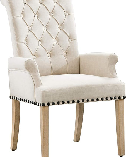 Dining Room Chairs with Arms,Tufted Upholstered High Back Nailed Trim with Untique Oak Wood Legs for Kitchen Restaurant Room Bedroom (Beige) - LeafyLoom