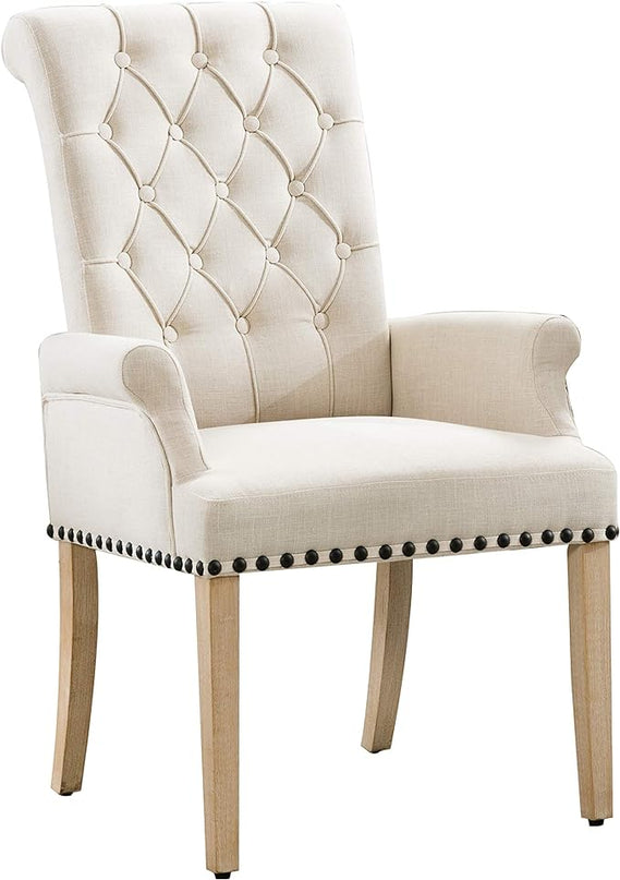 Dining Room Chairs with Arms,Tufted Upholstered High Back Nailed Trim with Untique Oak Wood Legs for Kitchen Restaurant Room Bedroom (Beige) - LeafyLoom