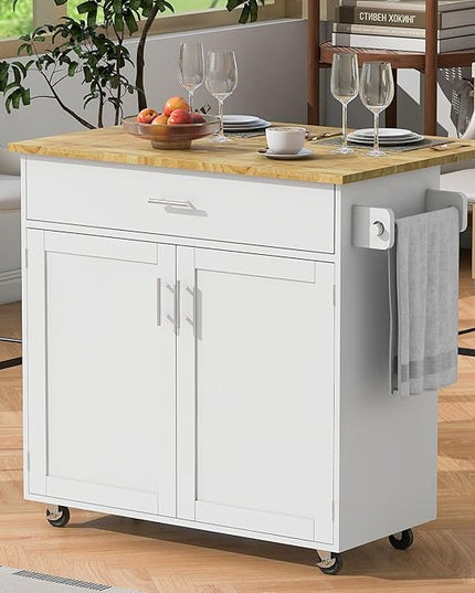 Kitchen Island with Storage on Wheels, Kitchen Island Cart w/Storage&Divider, Internal Canibet Rack, Adjustable Shelf Tower Rack for Dinning Room Coffee Bar, Rubber Wood Contertop - LeafyLoom