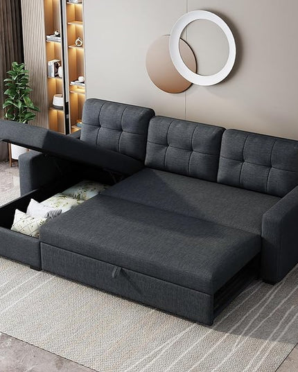 81.5" Sectional Sleeper Sofa with Storage Chaise, L Shaped Pull Out Couch Bed with 3 Removable Back Cushion for Living Room,Apartment,Office,Dark Grey - LeafyLoom
