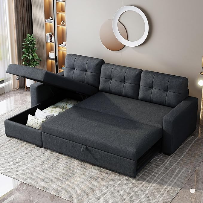 81.5" Sectional Sleeper Sofa with Storage Chaise, L Shaped Pull Out Couch Bed with 3 Removable Back Cushion for Living Room,Apartment,Office,Dark Grey - LeafyLoom