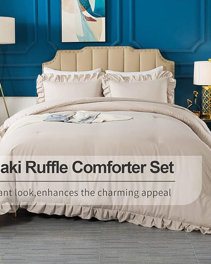 Andency Khaki Comforter King Size(104x90Inch), 3 Pieces Farmhouse Shabby Chic Bedding Comforters & Sets, All Season Soft Lightweight Down Alternative Bed Set for Men Women - LeafyLoom