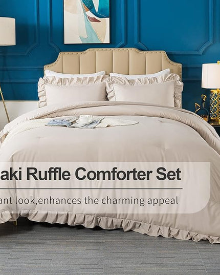 Andency Khaki Queen Comforter Set, 3 Pieces Farmhouse Shabby Chic Bedding Set for Queen Bed, All Season Soft Lightweight Microfiber Bed Set for Men Women - LeafyLoom