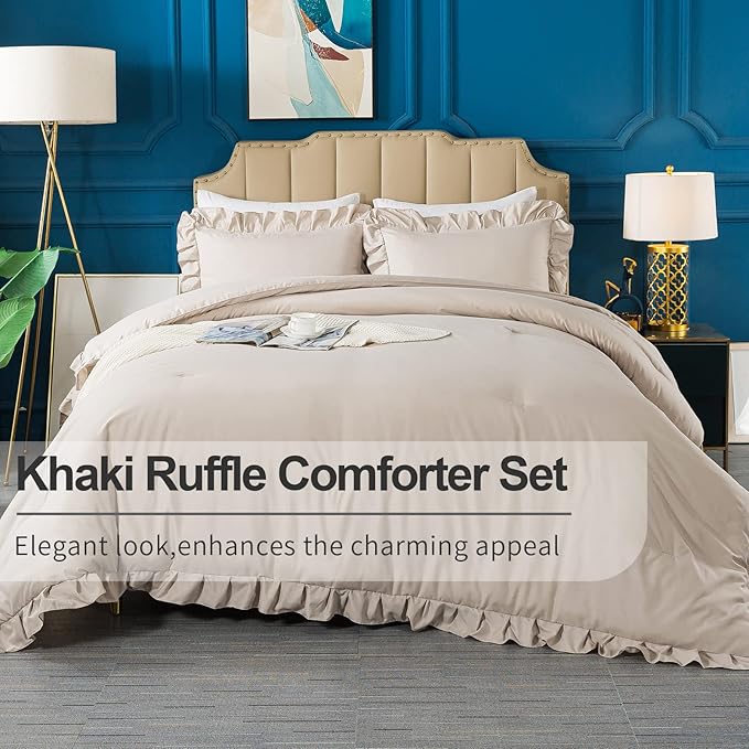 Andency Khaki Queen Comforter Set, 3 Pieces Farmhouse Shabby Chic Bedding Set for Queen Bed, All Season Soft Lightweight Microfiber Bed Set for Men Women - LeafyLoom