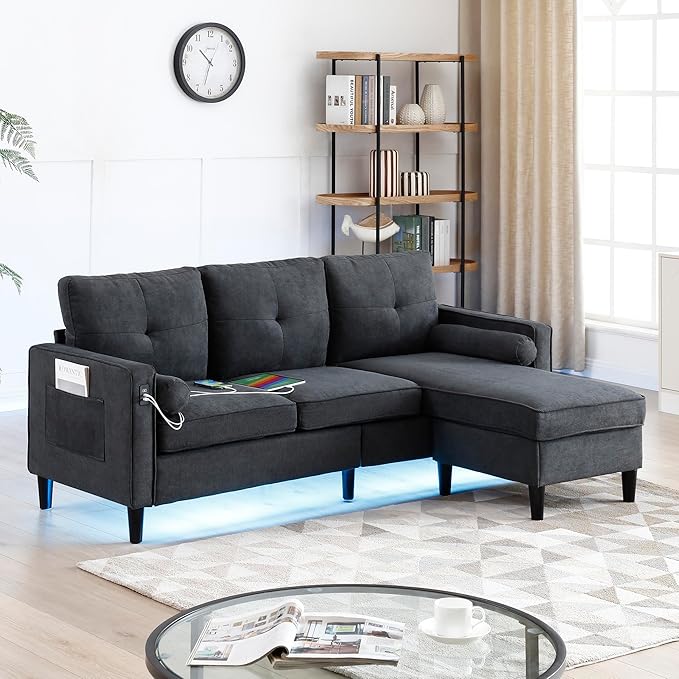3 Seater L Shaped Convertible Sectional Sofa Couch with Reversible Chaise , Linen Upholstered Corner Sleeper Lounge Sofá with 2 USB Ports and LED Lights ,Storage for Small Space Living Room Apartment - LeafyLoom