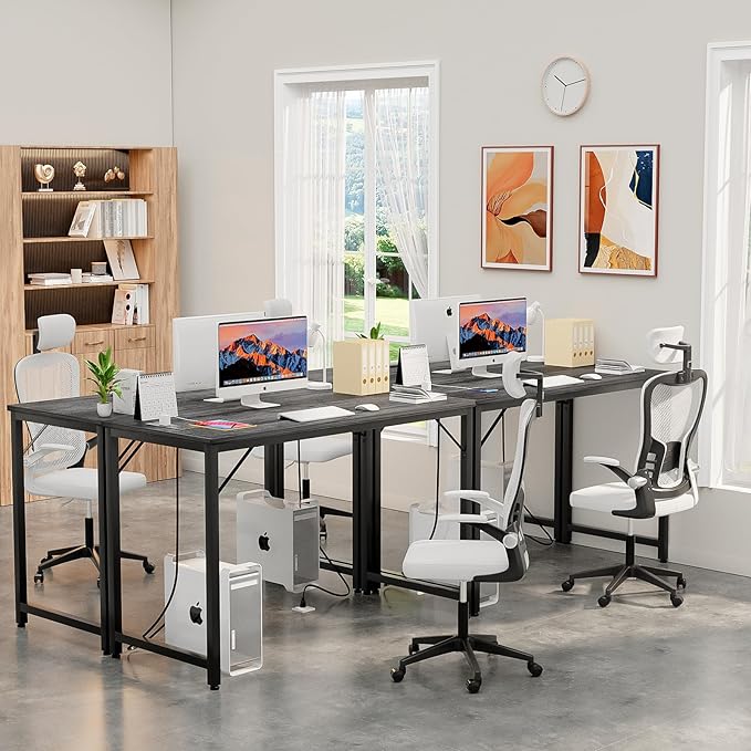 47 Inch Computer Desk with Magic Power Outlets, Modern Office Desk with USB Charging Ports, Sturdy Study Writing Desk, Laptop PC Gaming Table for Bedroom Workstation, Black Oak, 2 Pack - LeafyLoom