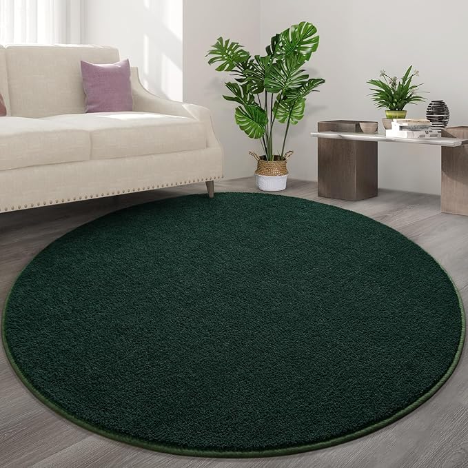 Round Area Rugs for Bedroom Living Room, 5x5 Dark Green Super Soft Comfy Thickened Memory-Foam Indoor Circle Carpet, Modern Aesthetic Minimalist Carpet for Boys Girls Adults Nursery Home Décor - LeafyLoom