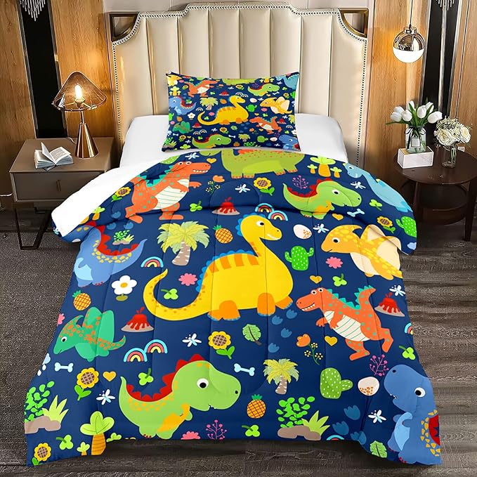 Dinosaur Bedding Twin - Dinosaur Comforter Set Twin for Boys Bedroom Dinosaur Twin Bedding Set Blue Green Boys Room Decor Kids Twin Dinosaur Bedding Set, Twin (1 Comforter 1 Pillowcase) - LeafyLoom