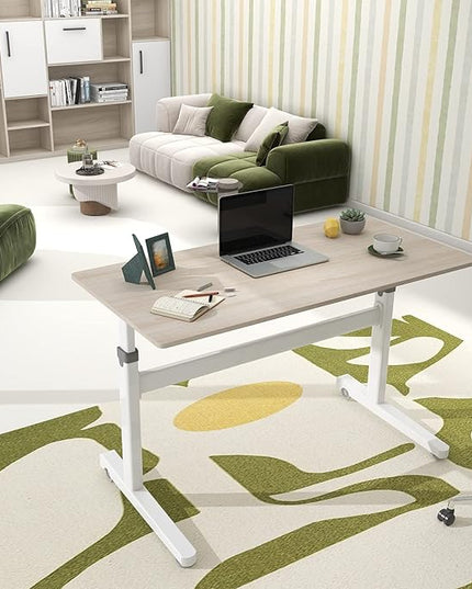 Manual Standing Desk Adjustable Height- Crank Mobile Standing Desk 48 x 24 Inches Sit Stand Desk Frame & Top, Stand Up Desk on Wheels, Computer Desk White Frame & Maple - LeafyLoom