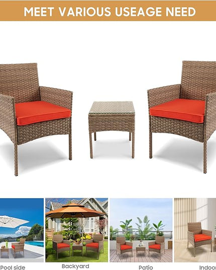 YIYAN 3 Pieces Patio Bistro Set Outdoor Wicker Furniture Outdoor Porch PE Rattan Wicker Chairs Furniture Sets with Sofa Chairs,Glass Coffee Table and Red Washable Cushion - LeafyLoom