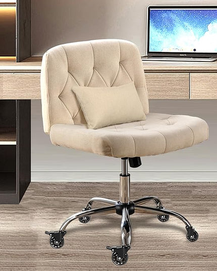 Criss Cross Chair with Wheels, Comfy Fabric Cross Legged Office Chair for Adult, Armless Wide Seat Desk Chair with Lumbar Pillow,Swivel Vanity Chair for Home Office, Conference (Beige) - LeafyLoom
