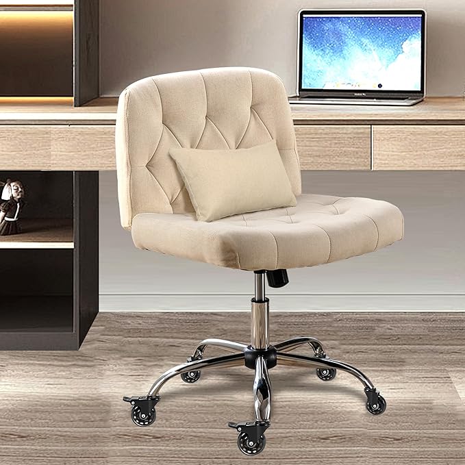 Criss Cross Chair with Wheels, Comfy Fabric Cross Legged Office Chair for Adult, Armless Wide Seat Desk Chair with Lumbar Pillow,Swivel Vanity Chair for Home Office, Conference (Beige) - LeafyLoom