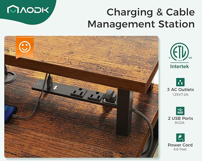 AODK 47 Inch Electric Standing Desk with 3 Drawers, Brown, Height Adjustable Desk with Power Outlets & LED Lights, Stand Up Desk with Monitor Shelf, Sit Stand Desk Computer Workstation - LeafyLoom