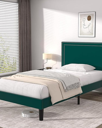 VECELO Twin Size Platform Bed Frame with Height Adjustable Upholstered Headboard, Modern Mattress Foundation,Strong Wood Slat Support, No Box Spring Needed, Easy Assembly - LeafyLoom