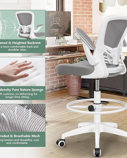 MINLOVE Drafting Office Chair, Ergonomic Tall Office Chair with Flip-up Armrests Executive Ergonomic Computer Standing Desk Chair with Lumbar Support and Adjustable Footrest(Gray) - LeafyLoom