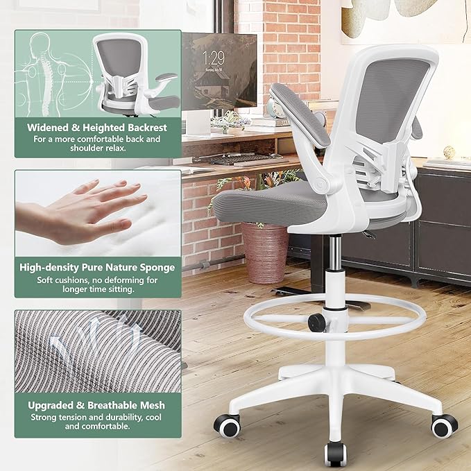 MINLOVE Drafting Office Chair, Ergonomic Tall Office Chair with Flip-up Armrests Executive Ergonomic Computer Standing Desk Chair with Lumbar Support and Adjustable Footrest(Gray) - LeafyLoom