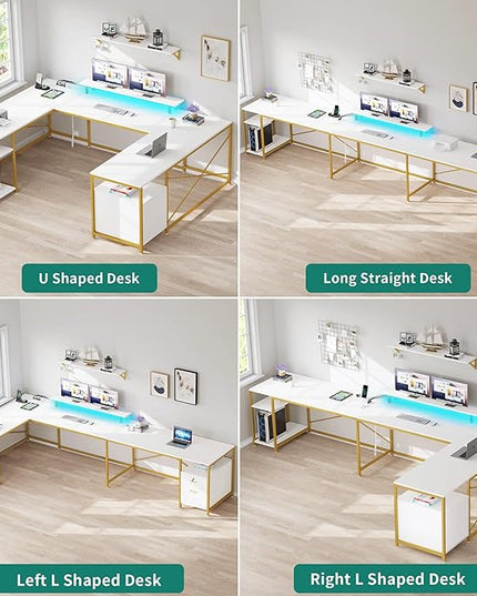YITAHOME U Shaped Desk with Power Outlets & LED Lights, 79" Reversible L Shaped Desk with Drawers, Corner Computer Desk Office Desk with Monitor Stand & Storage Shelves, White & Gold - LeafyLoom