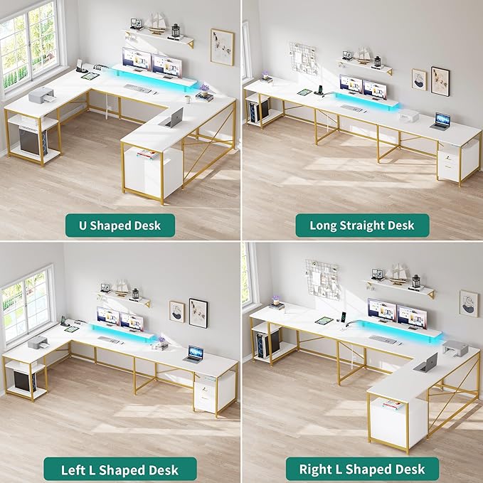 YITAHOME U Shaped Desk with Power Outlets & LED Lights, 79" Reversible L Shaped Desk with Drawers, Corner Computer Desk Office Desk with Monitor Stand & Storage Shelves, White & Gold - LeafyLoom