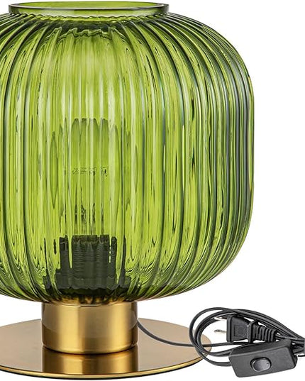 Small Table Lamp Elegant Green Glass Bedside Lamp with Ribbed Glass Shade Decorative End Table Lamp for Bedroom Tabletop Corner Shelf (Green) - LeafyLoom