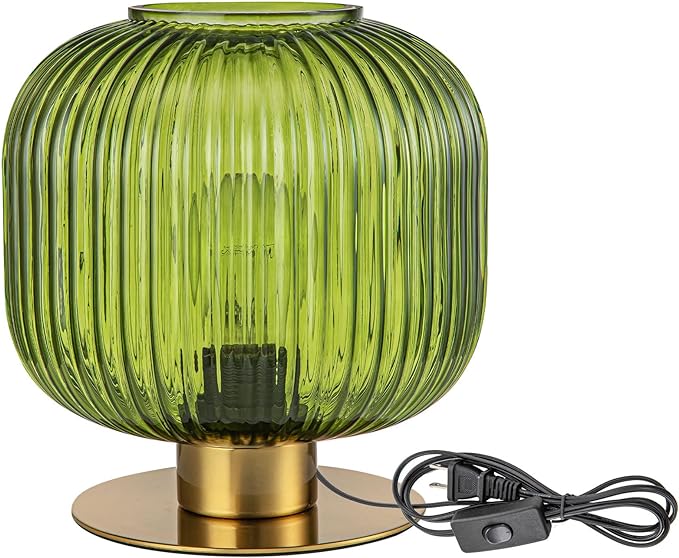 Small Table Lamp Elegant Green Glass Bedside Lamp with Ribbed Glass Shade Decorative End Table Lamp for Bedroom Tabletop Corner Shelf (Green) - LeafyLoom