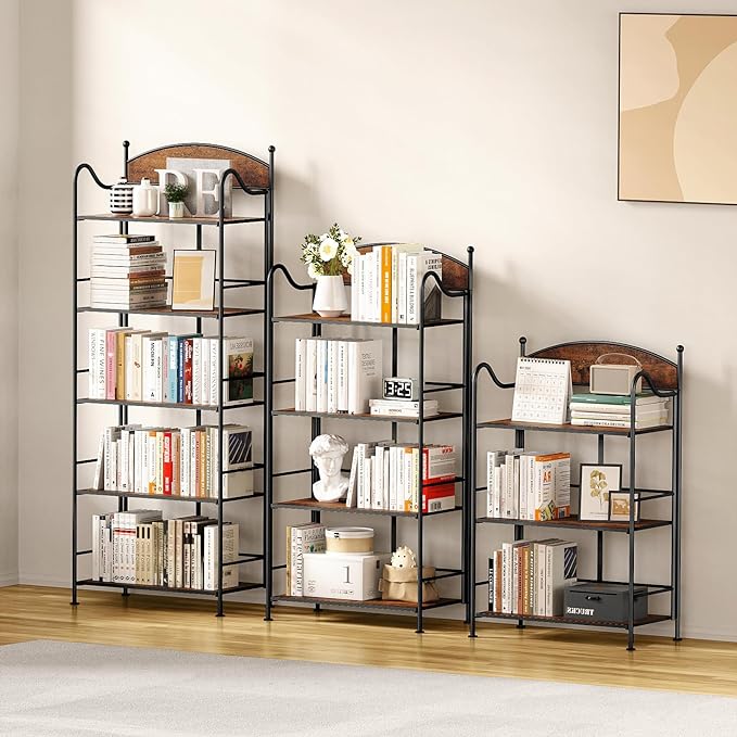 Folding Bookshelf No Assembly, 4 Shelf Black Folding Bookcase with Sturdy Metal Frame, Vintage Open Standing Collapsible Shelves for Bedroom, Living Room, Home Office Organization - LeafyLoom