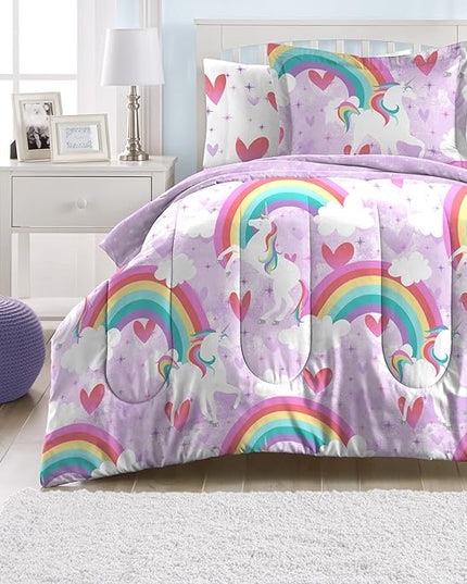 dream FACTORY Kids 7-Piece Complete Set Easy-Wash Super Soft Microfiber Comforter Bedding, Full, Purple Unicorn Rainbow - LeafyLoom