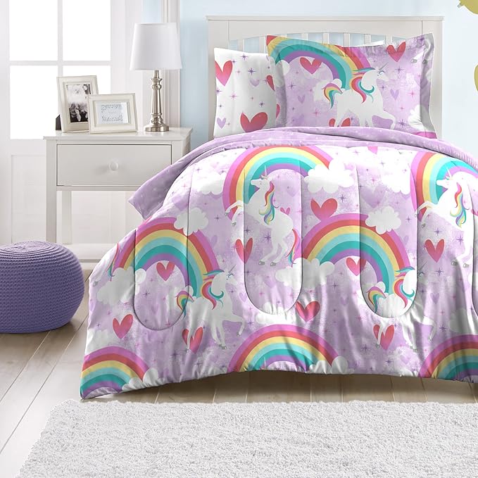 dream FACTORY Kids 7-Piece Complete Set Easy-Wash Super Soft Microfiber Comforter Bedding, Full, Purple Unicorn Rainbow - LeafyLoom