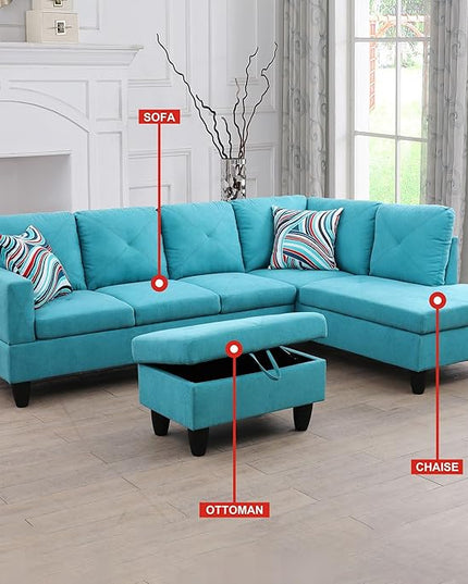 3-Piece L-Shaped Sectional Couches Lounge & Storage, 97 Modular Living Room Home Office, 3pcs 97'' Sofa+66.5'' Chaise+28.5'' Ottoman(Right), Green Linen - LeafyLoom
