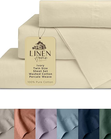Linen Home Washed Cotton Percale Twin Sheet Set, Ivory, Deep Pocket, 3 Pieces Bed Sheets - 1 Flat Sheet, 1 Fitted Sheet & 1 Envelope Closure Pillowcase, Cool and Comfortable Bed Linen - LeafyLoom