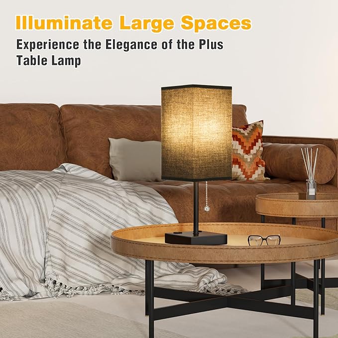aooshine Black Table Lamp for Bedroom - 3 Color Temperature 3000K 5000K 4000K Bedside Lamp, Pull Chain Control, USB A and C Ports, AC Outlets, Bulb Included, Medium - LeafyLoom