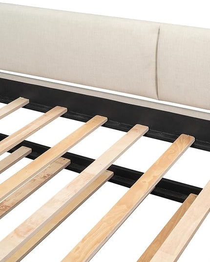 Upholstered Size Upholstery Trundle, Daybed Sofa Bed Frame with Storage Arms & USB Charging Design for Living Room Bedroom, Beige, Twin XL - LeafyLoom
