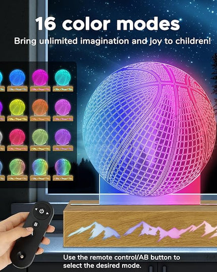 3D Basketball Night Light - Idea Gifts for Kid/fans, Acrylic Night Lights with Remote Control 16 Colors Changing Basketball Decoration - LeafyLoom