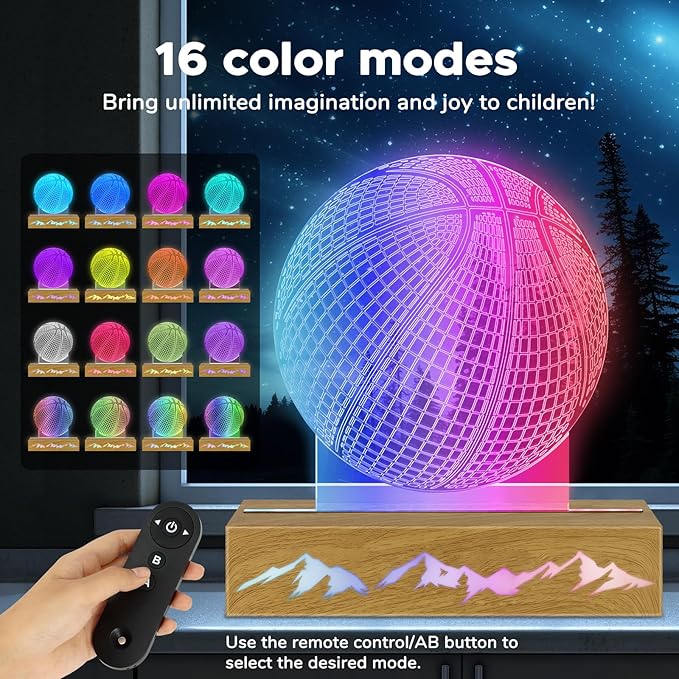 3D Basketball Night Light - Idea Gifts for Kid/fans, Acrylic Night Lights with Remote Control 16 Colors Changing Basketball Decoration - LeafyLoom