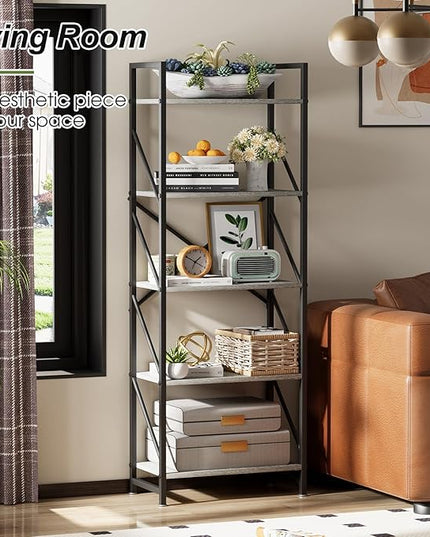 5 Tiers Bookcase Shelf,Industrial Rustic Storage Rack with Shelves,Wood Tall Bookshelf Open Shelf,Farmhouse Bookshelf Book Case for Bedroom/Living Room/Home Office,Gray - LeafyLoom