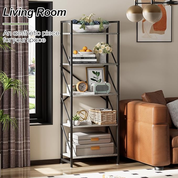 5 Tiers Bookcase Shelf,Industrial Rustic Storage Rack with Shelves,Wood Tall Bookshelf Open Shelf,Farmhouse Bookshelf Book Case for Bedroom/Living Room/Home Office,Gray - LeafyLoom