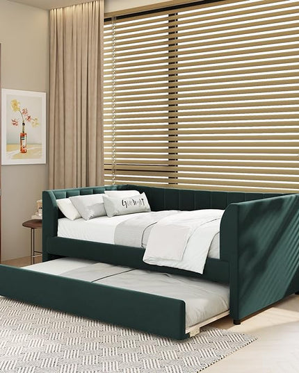 Twin Size Upholstered Velvet Daybed with Trundle,Wood Bed Frame w/ 2 Armrests,Slat Support,No Box Spring Needed,for Small Living Spaces and Accommodating Guests,Green - LeafyLoom